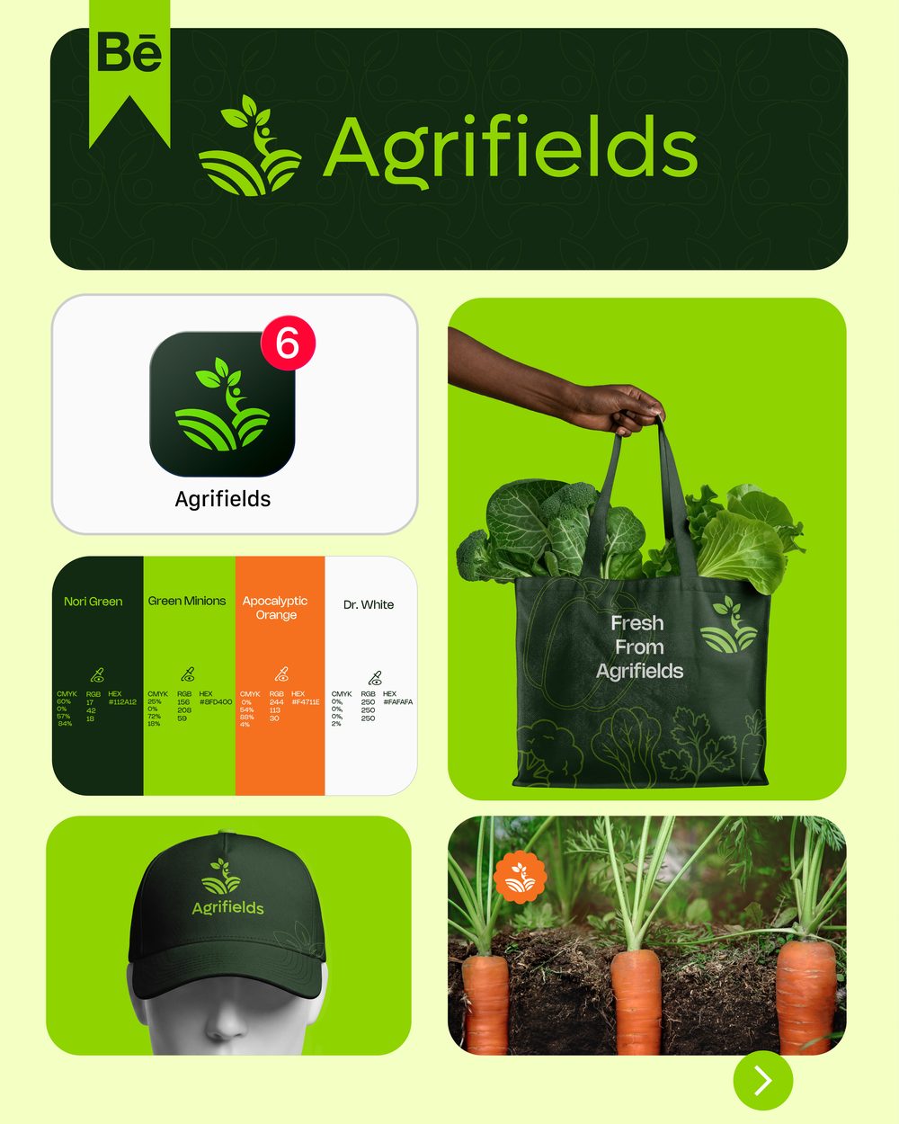 Agrifields brand overview — logo icon, green and orange colour palette, tote bag and cap mockups, and carrots in soil