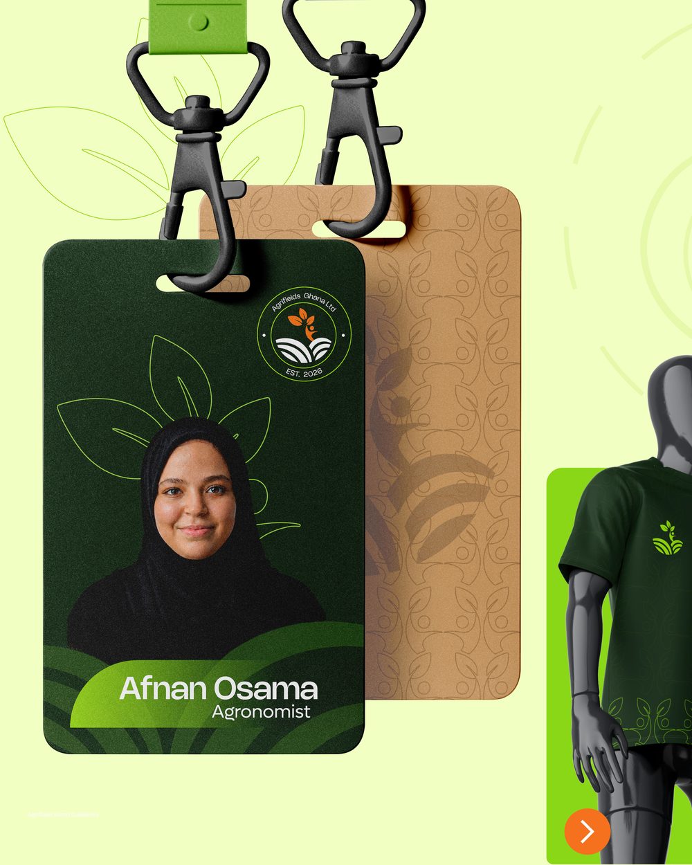 Agrifields staff ID badge and branded T-shirt mockups
