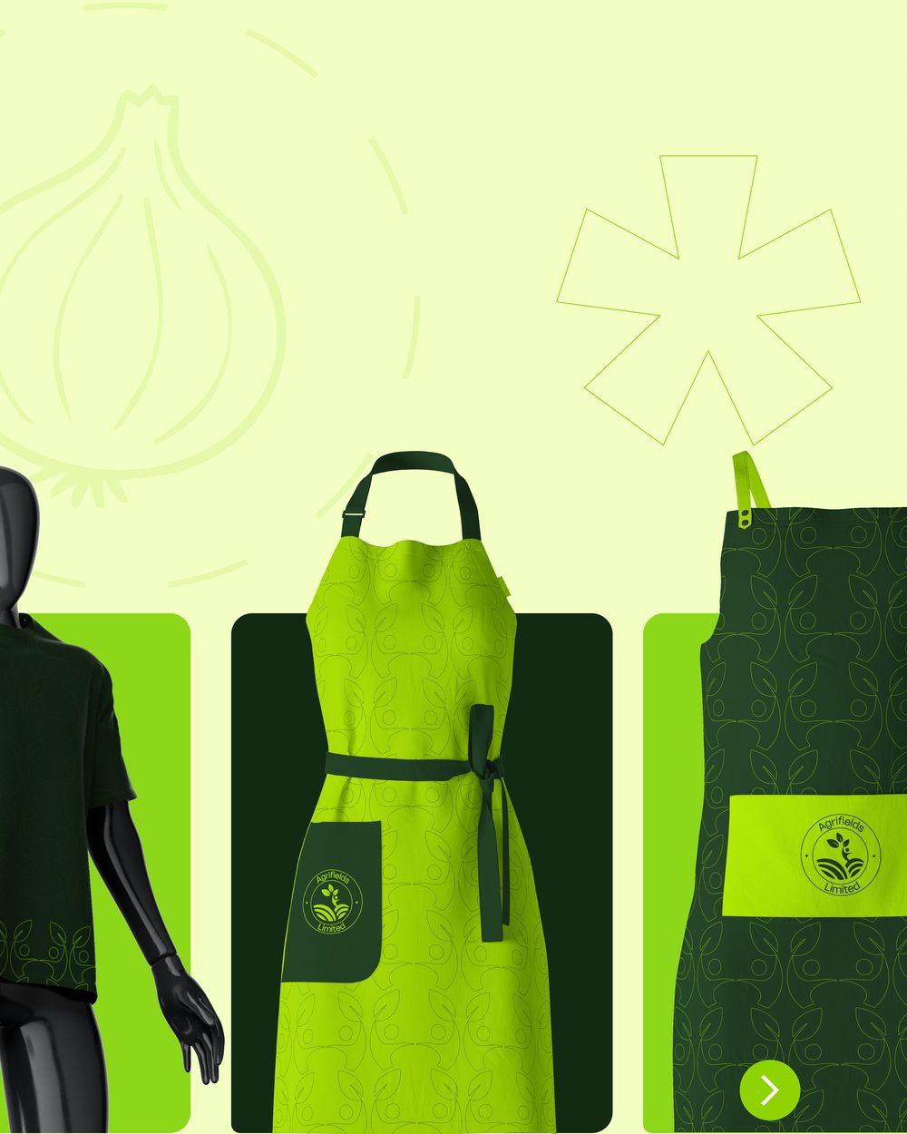 Agrifields branded aprons in lime green and dark green on mannequins
