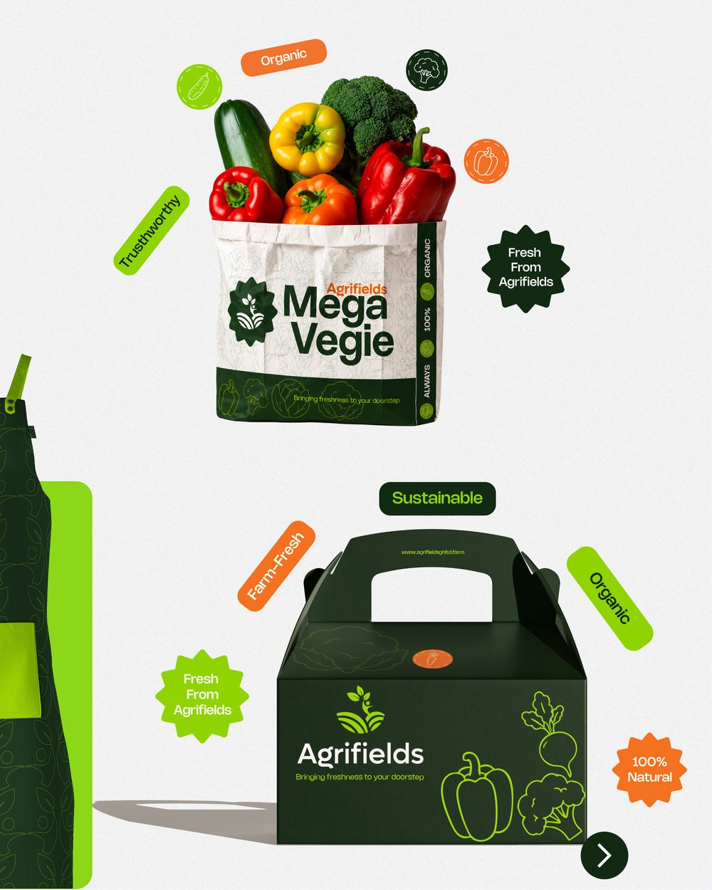 Agrifields Mega Vegie produce bag and farm-fresh gable box packaging