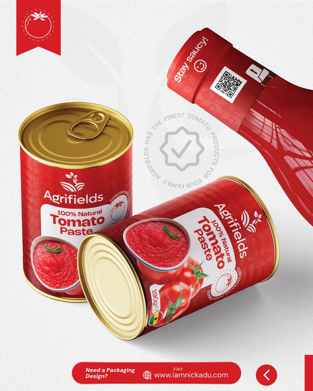 Close-up of Agrifields tomato paste can and ketchup bottle packaging detail