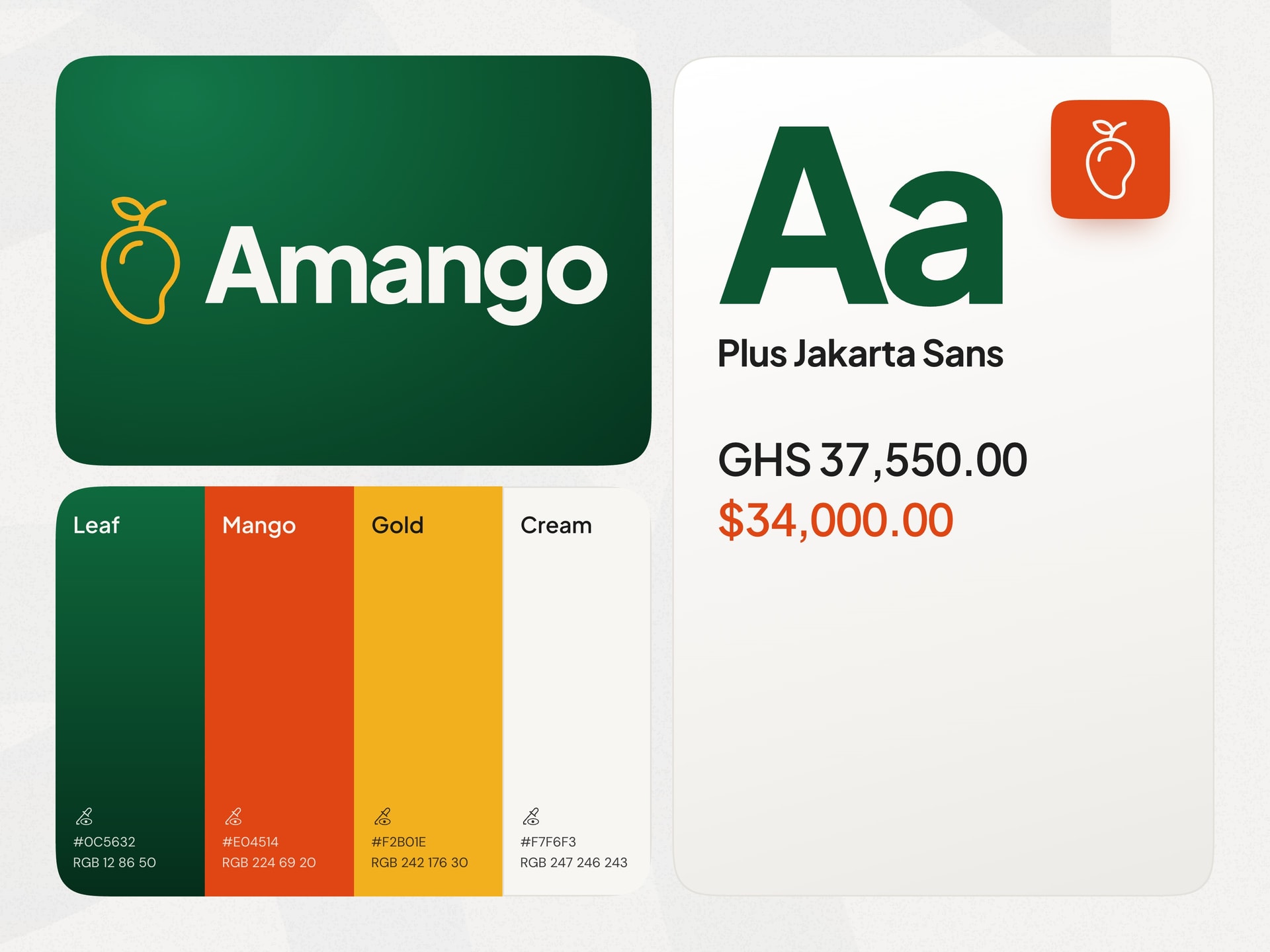 The Amango brand sheet: the lockup on leaf green, the app icon, the colour palette (Leaf #0C5632, Mango #E04514, Gold #F2B01E, Cream #F7F6F3) and the Plus Jakarta Sans typeface