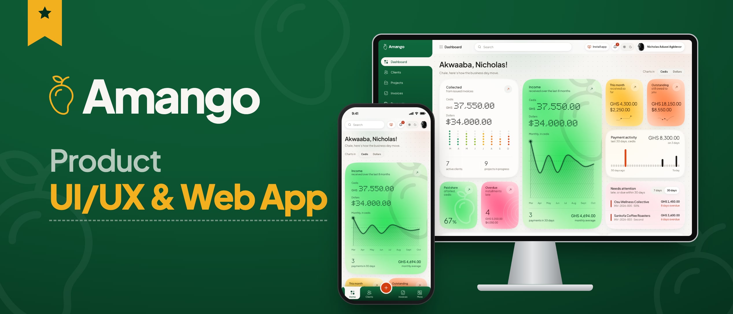 Amango banner: the Amango lockup and the words Product, UI/UX & Web App on deep green, beside an iMac and an iPhone showing the Amango dashboard