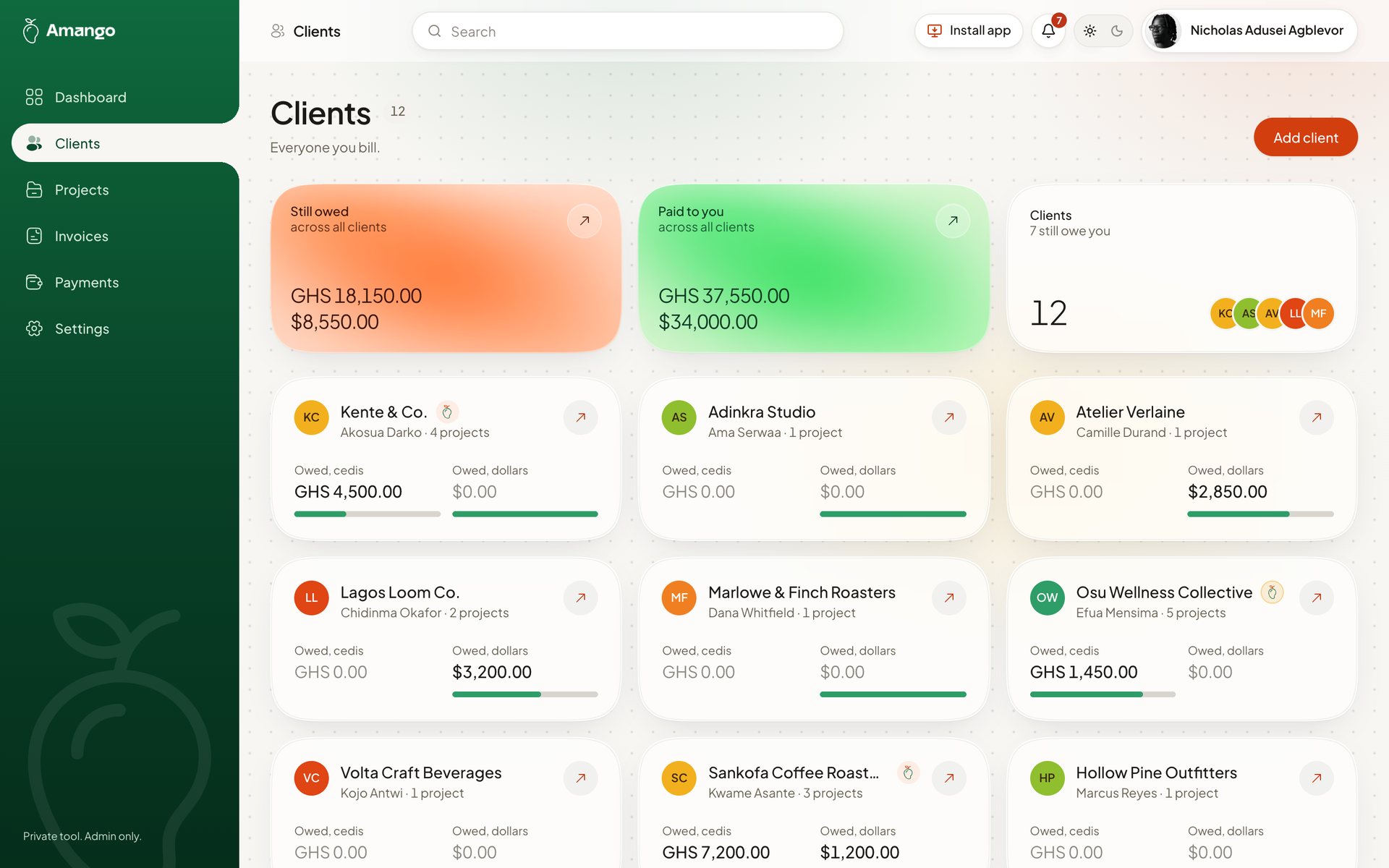 The Amango clients page on desktop: still owed and paid totals, then a card for each client