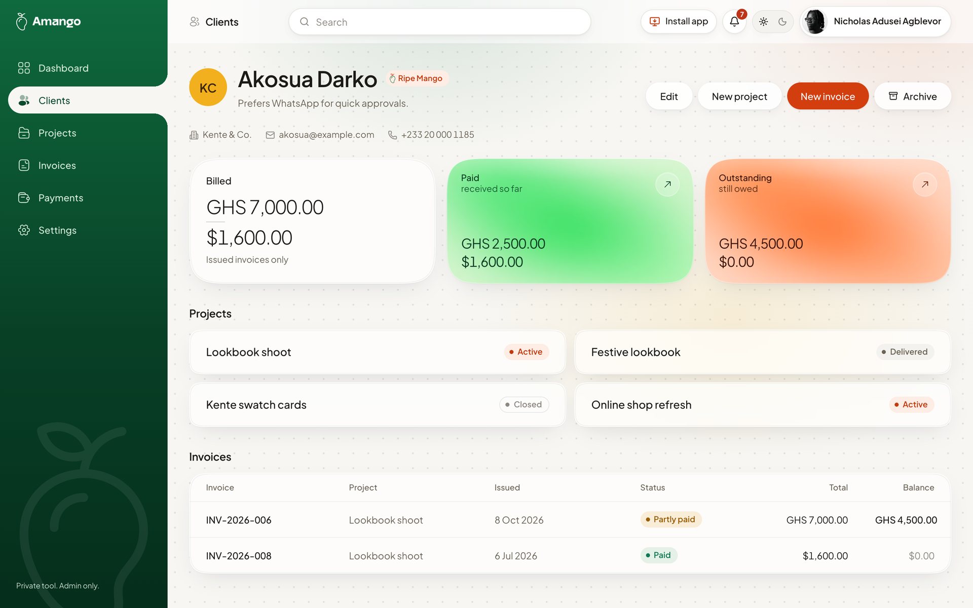 An Amango client page for Akosua Darko: billed, paid and outstanding, her projects and invoices