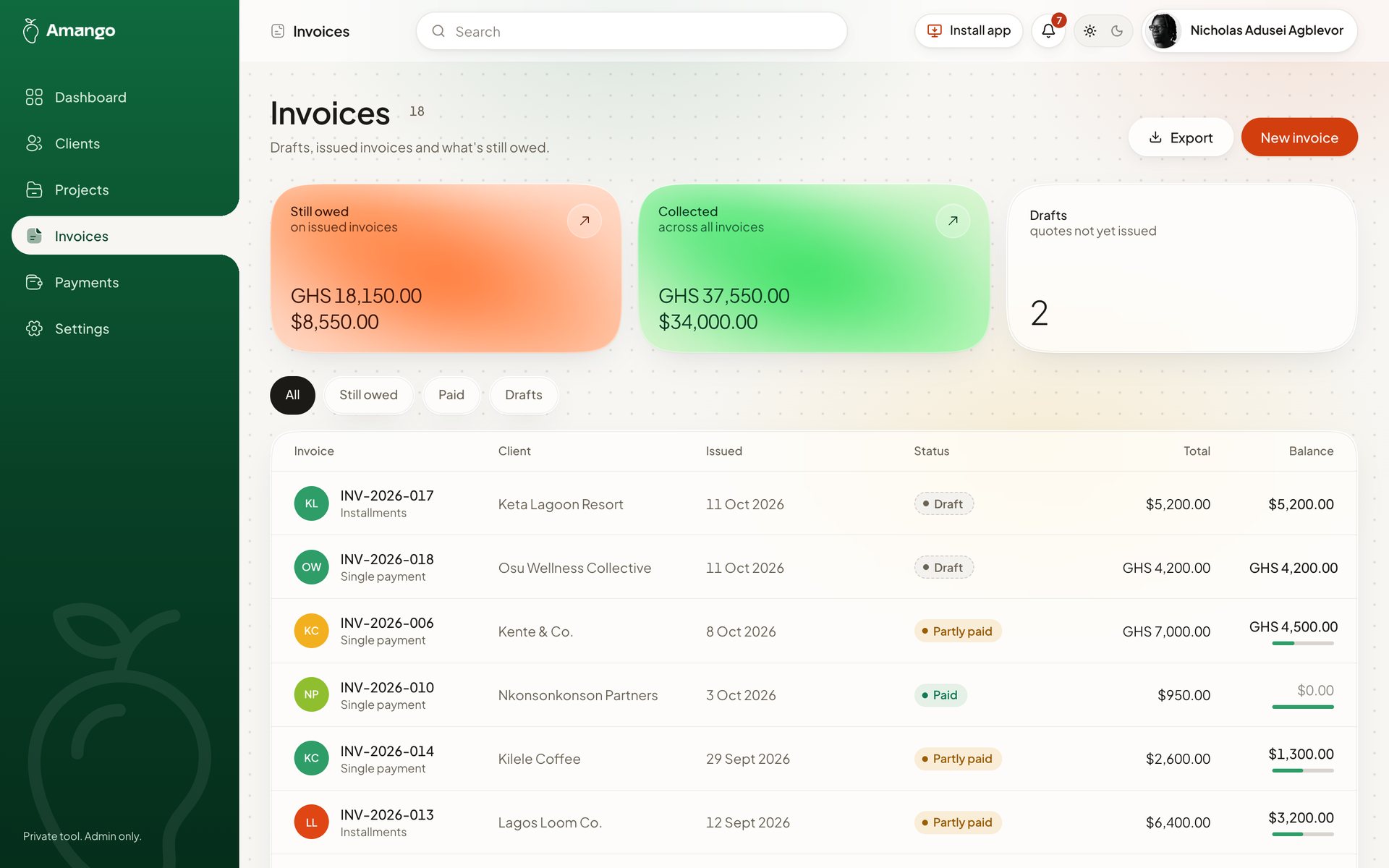 The Amango invoices list with status filters, totals and balances in cedis