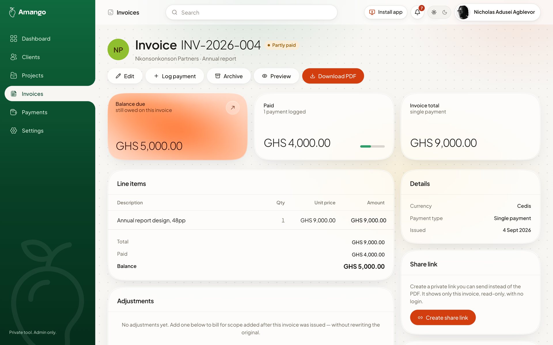 An Amango invoice page: line items, balance due, details and a share link