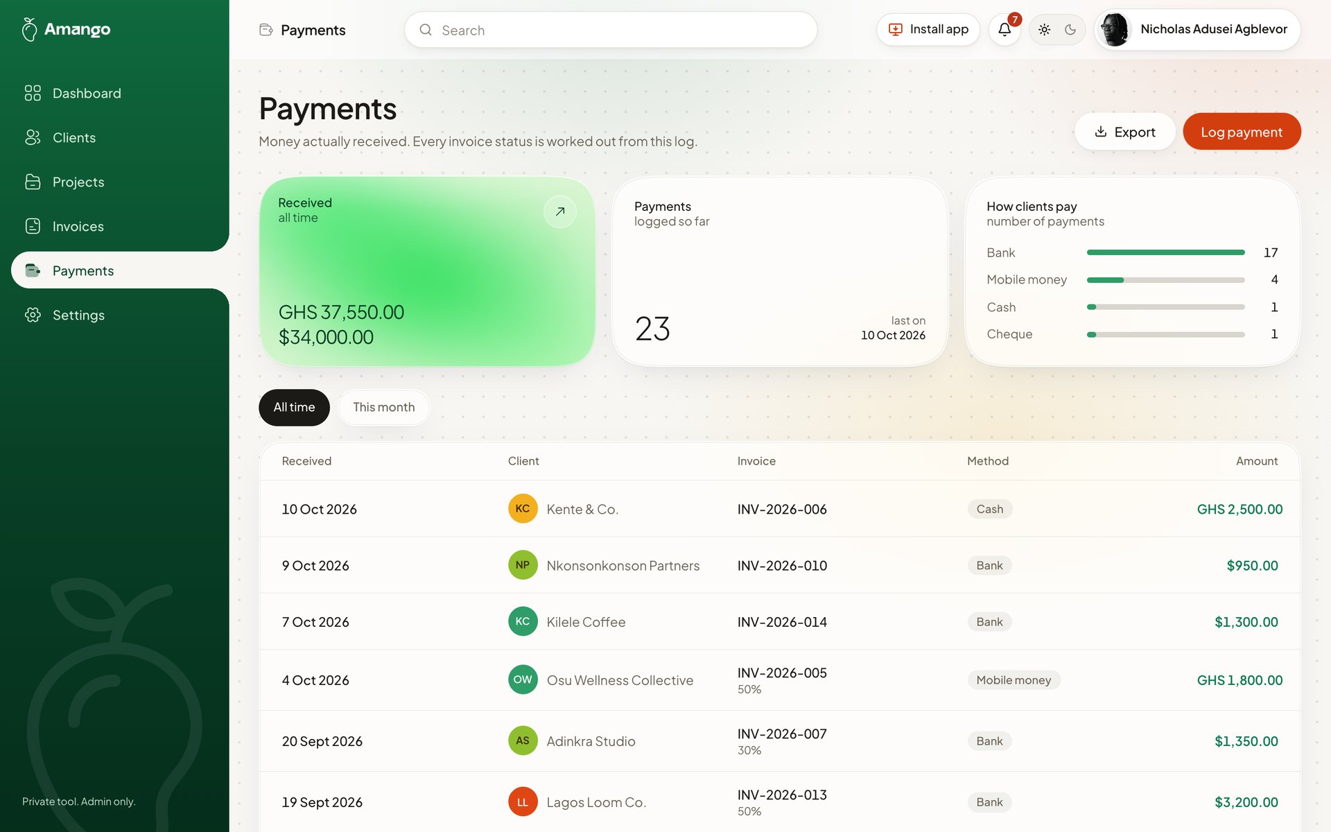 The Amango payments log: every payment received, by client, invoice and method
