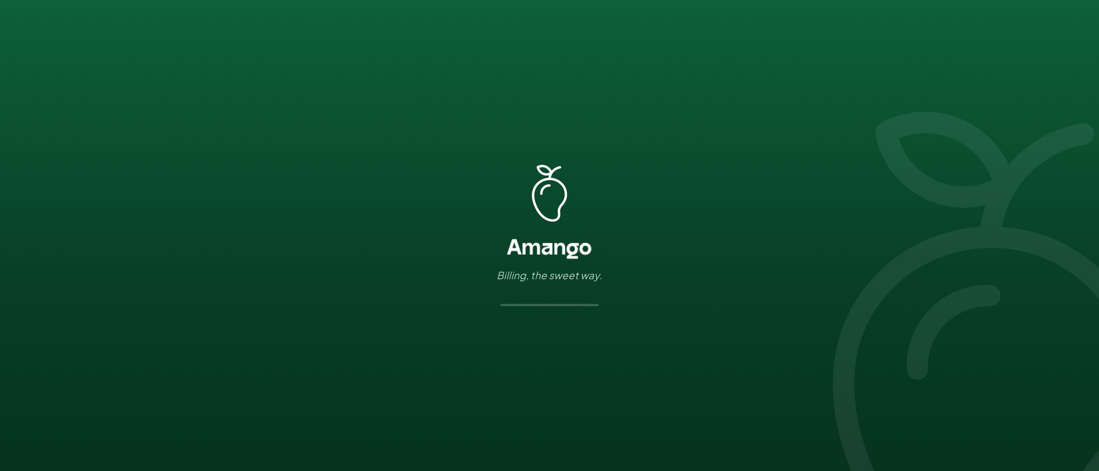 The Amango mark, a mango, on a deep green screen with the tagline Billing, the sweet way
