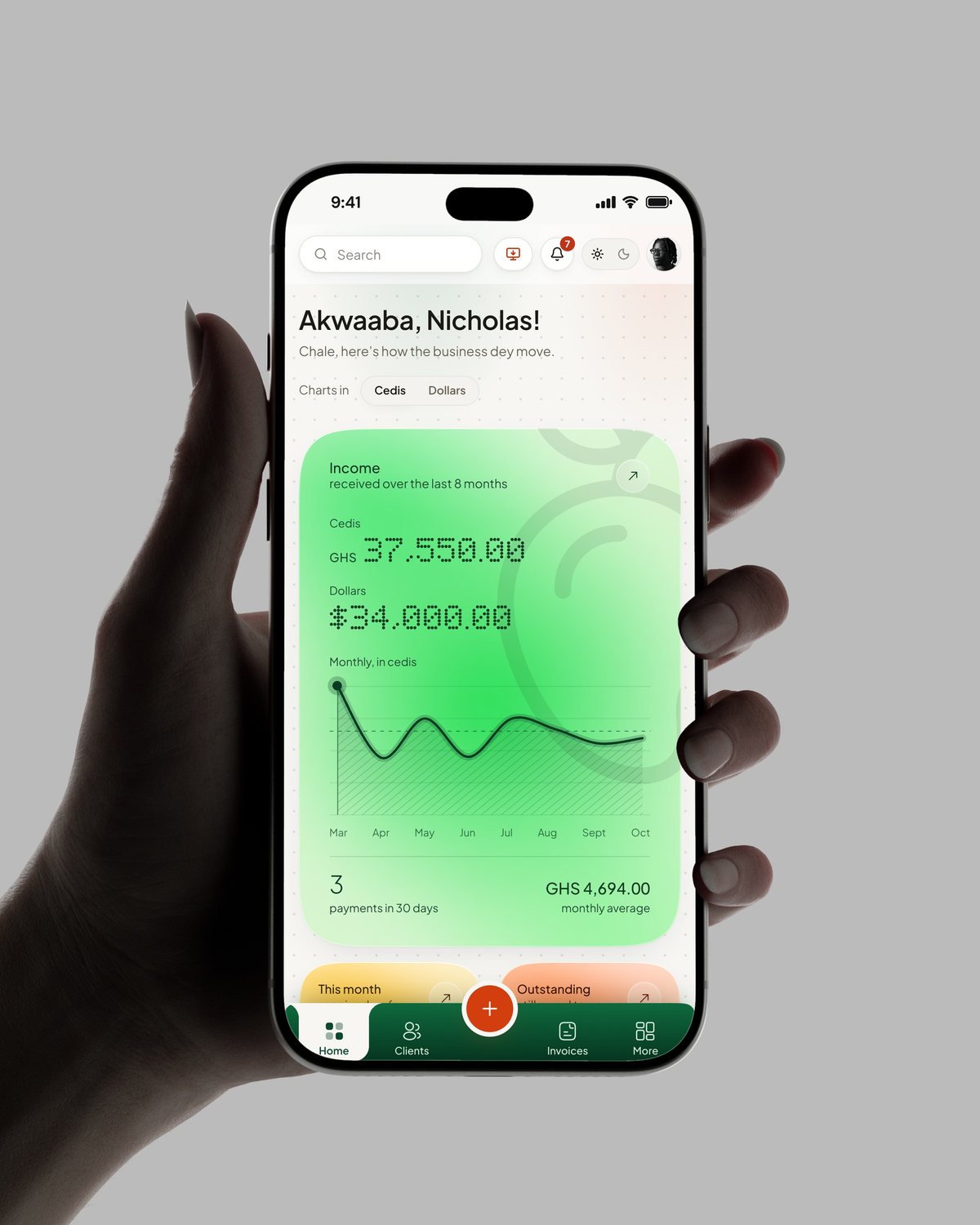 The Amango dashboard on an iPhone held in a hand