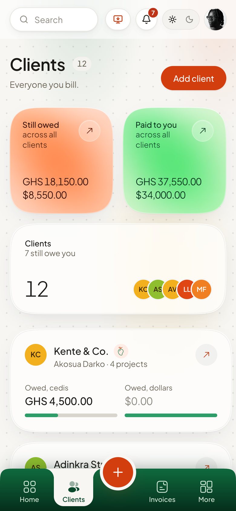 The Amango clients page on a phone: still owed and paid tiles and a card for each client