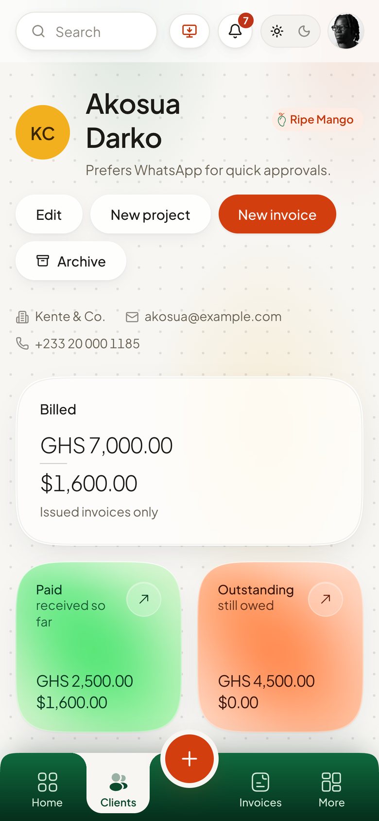 An Amango client page on a phone: billed, paid and outstanding tiles