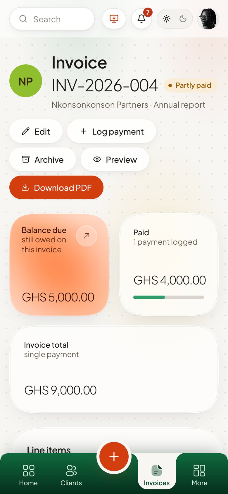 An Amango invoice on a phone: balance due, paid and invoice total