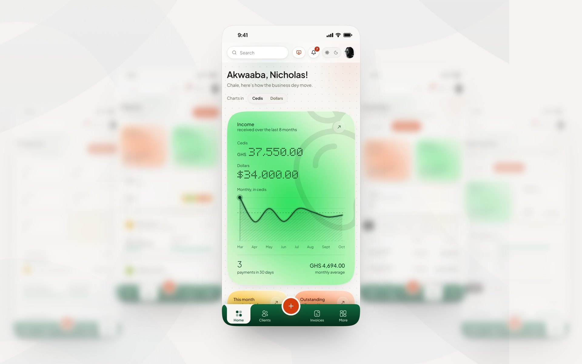 Amango on a phone: the dashboard with the income chart, in front of blurred desktop screens