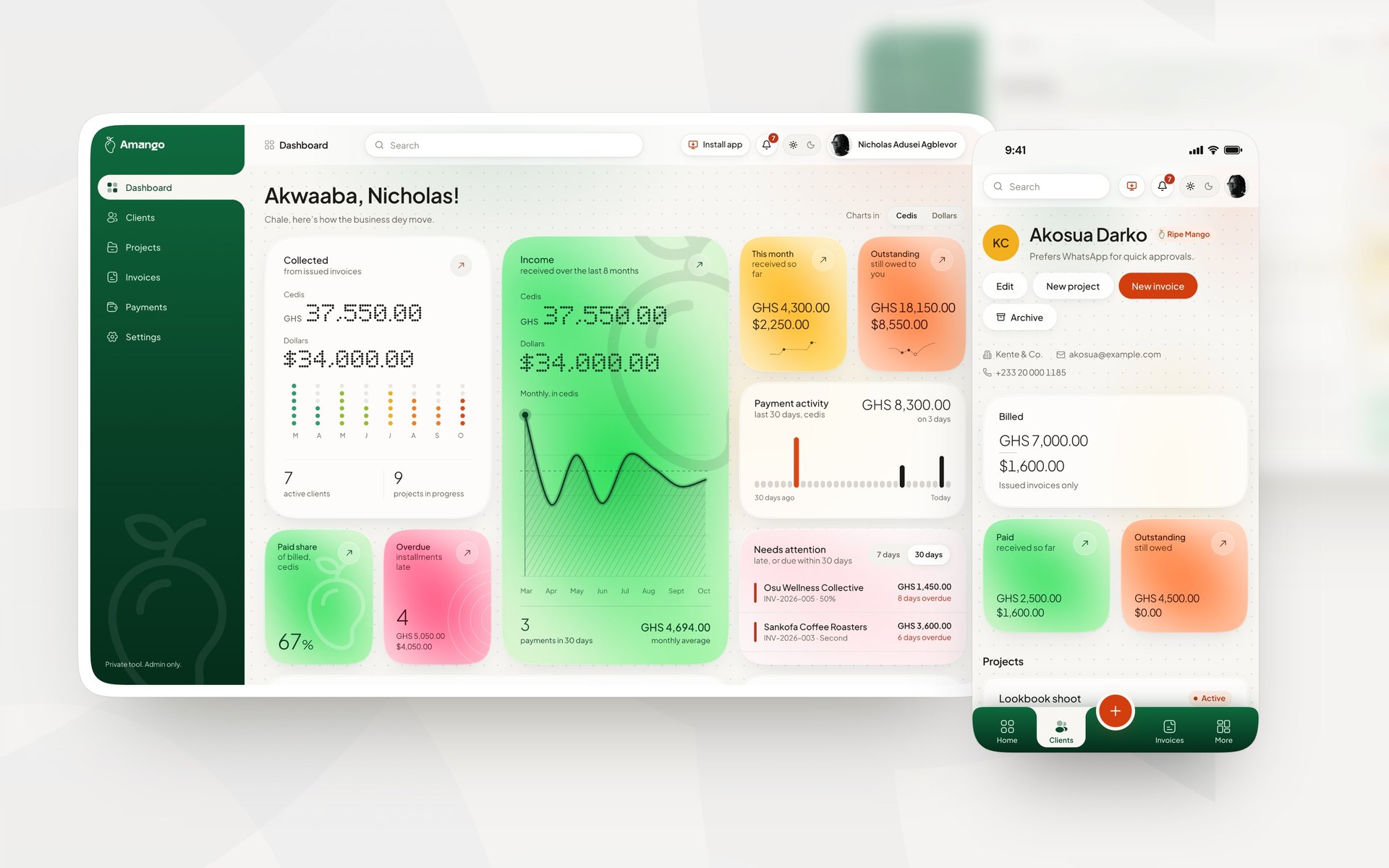 Amango on desktop and phone together: the dashboard beside a client page