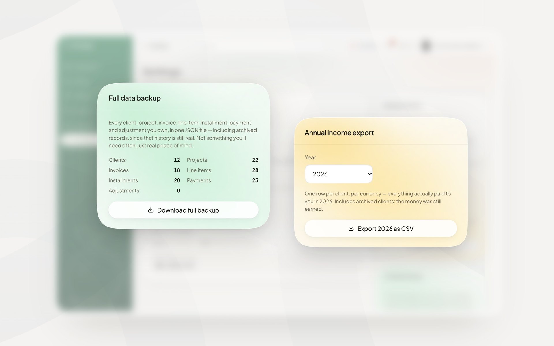 Amango settings as two glass cards: a full data backup and an annual income export