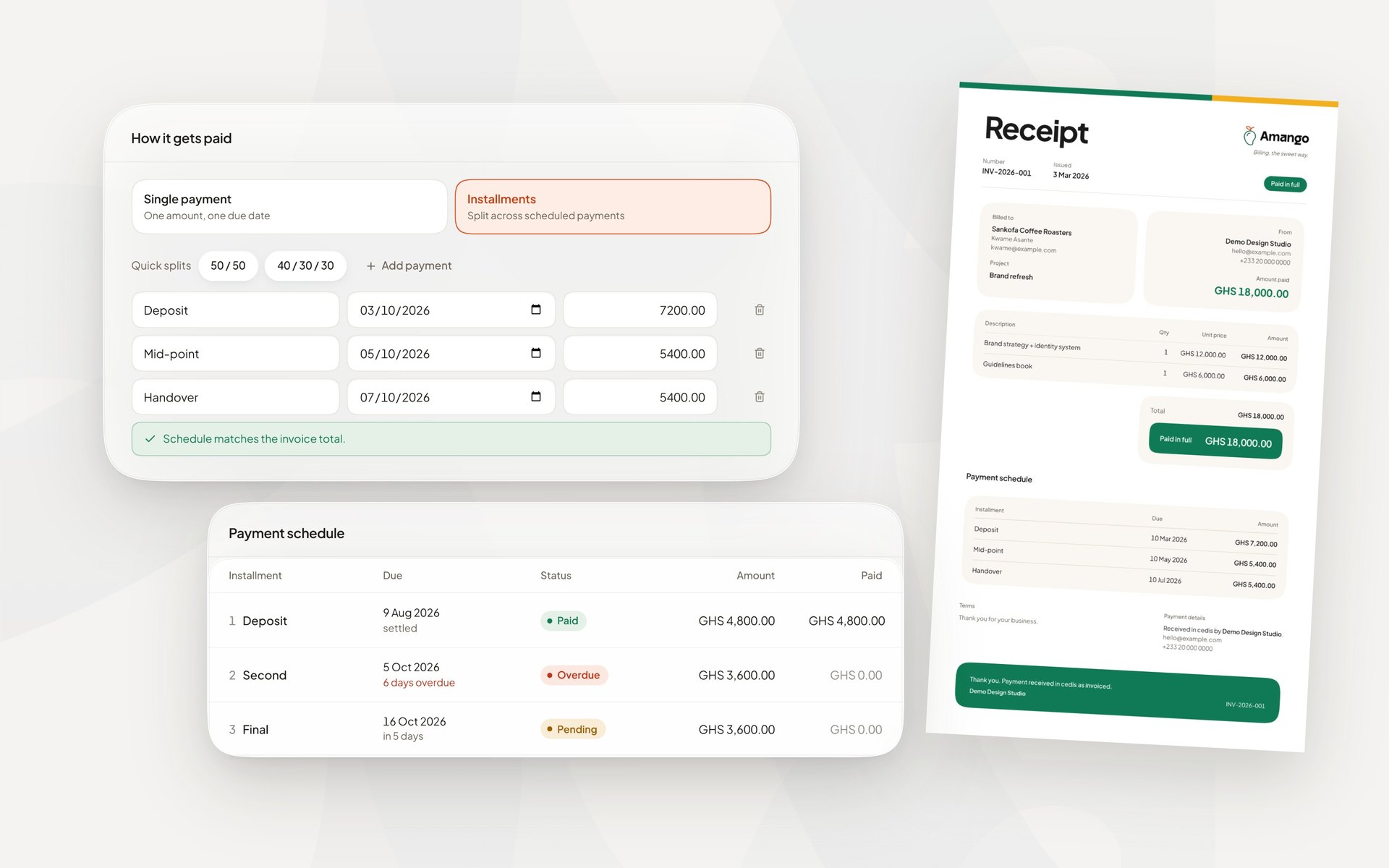 An Amango installment plan with a deposit, mid-point and handover, beside a branded receipt