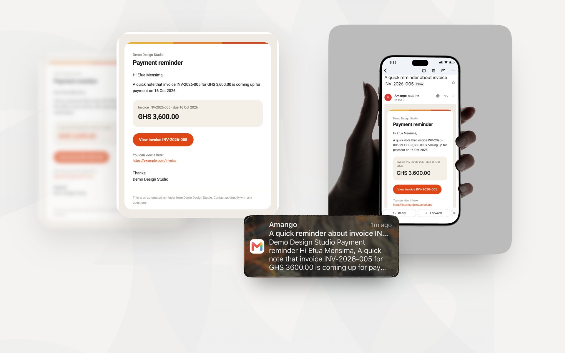 An automatic payment reminder email, and the same reminder arriving on a phone