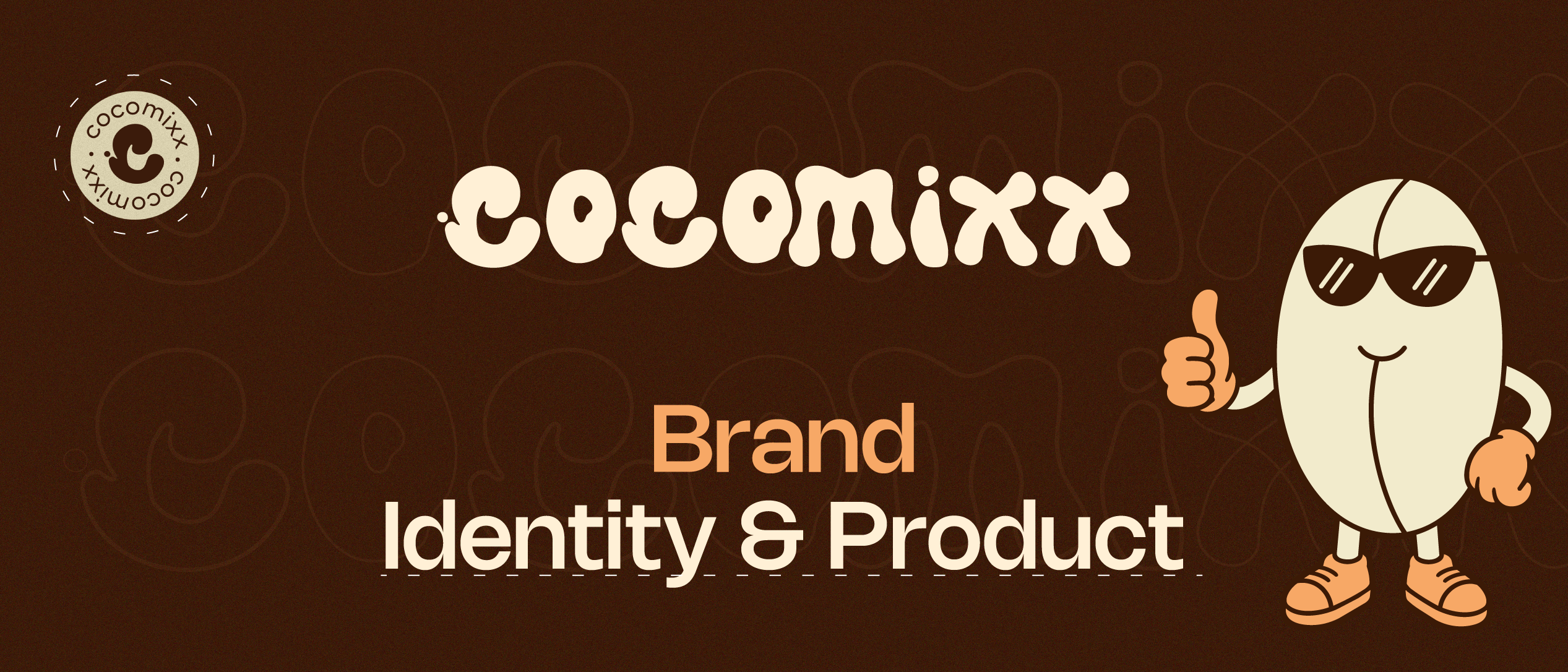 Cocomixx brand identity cover — bubbly wordmark logo and cocoa bean mascot character in sunglasses