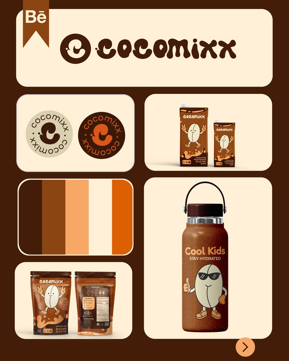 Cocomixx brand overview — logo badge variations, drink carton packaging, brown and orange colour palette, and pouch mockup