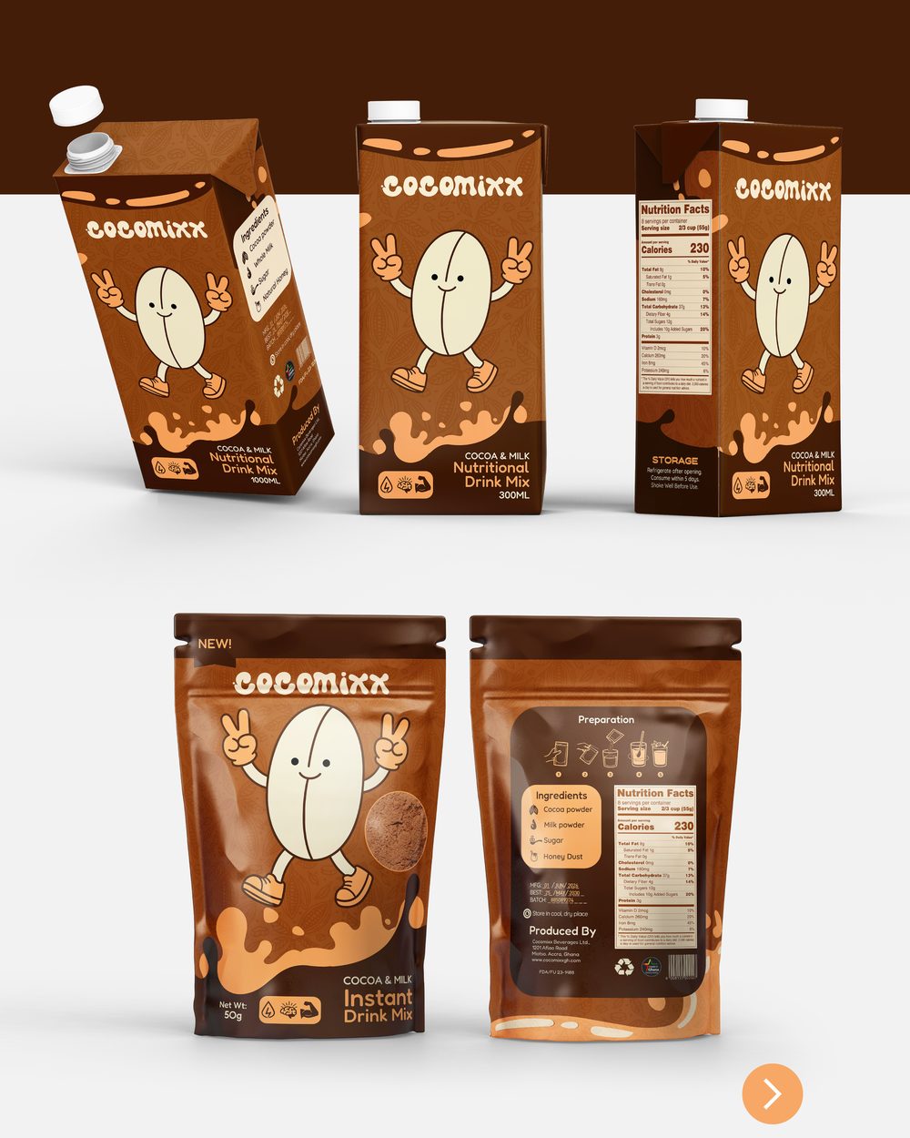 Cocomixx nutritional drink carton and instant drink mix pouch packaging
