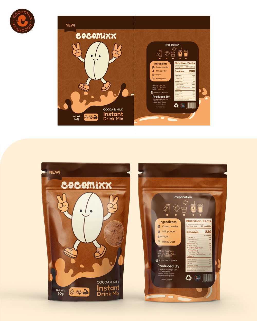 Cocomixx instant drink mix pouch packaging, front and back label design