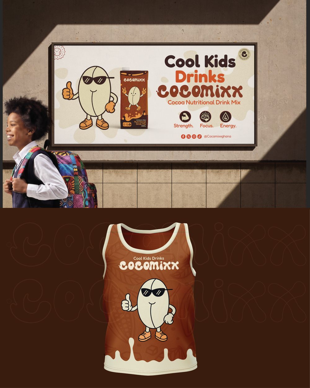 Cocomixx "Cool Kids Drinks Cocomixx" billboard ad and branded tank top mockup