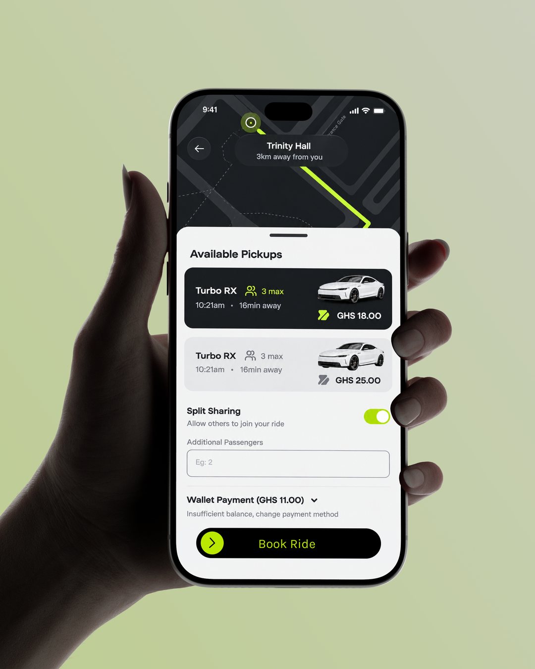 The Turbo ride-booking app on an iPhone held in hand, showing available pickups