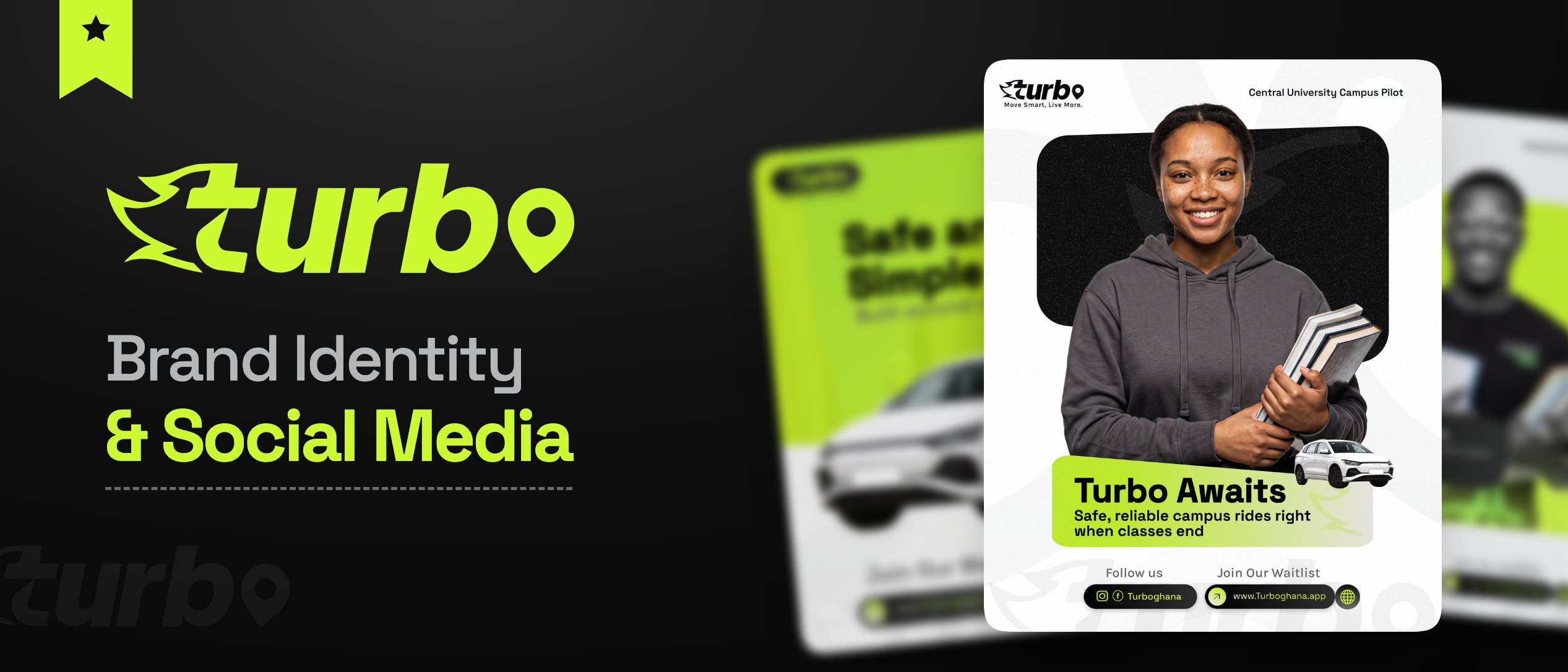 Turbo Ghana banner: the Turbo logo and the words Brand Identity and Social Media on black, beside a Turbo social media poster of a student holding books, with two more posters blurred behind
