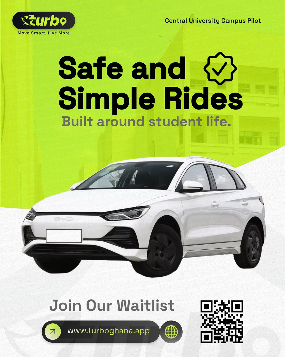Turbo social post — Safe and Simple Rides, built around student life, with a white electric car and a waitlist QR code