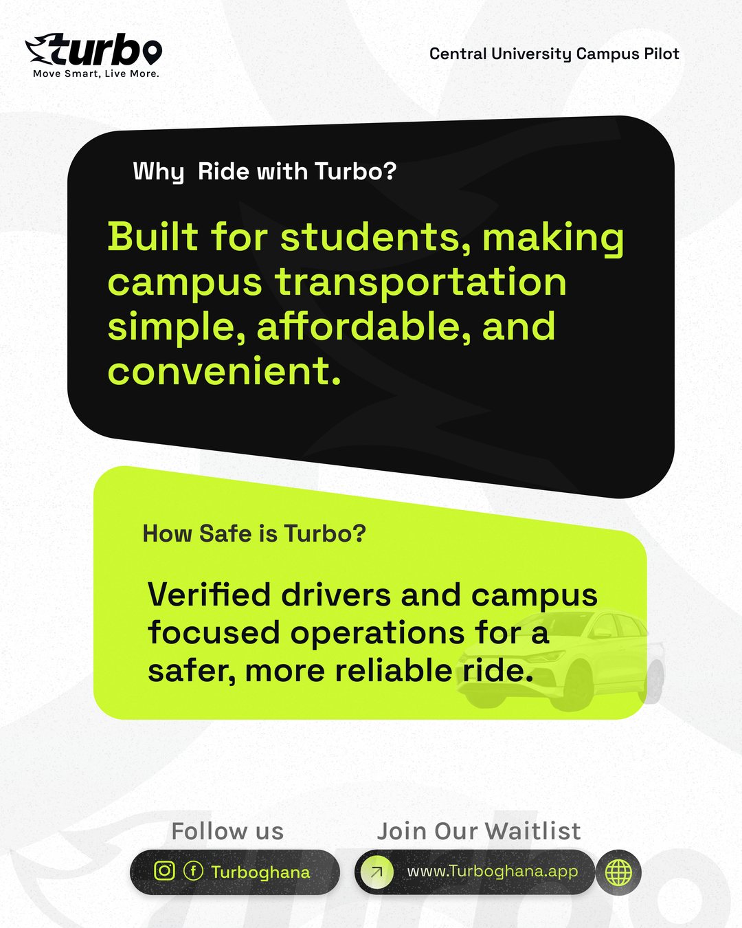 Turbo social post explaining why students ride with Turbo — verified drivers and campus-focused operations