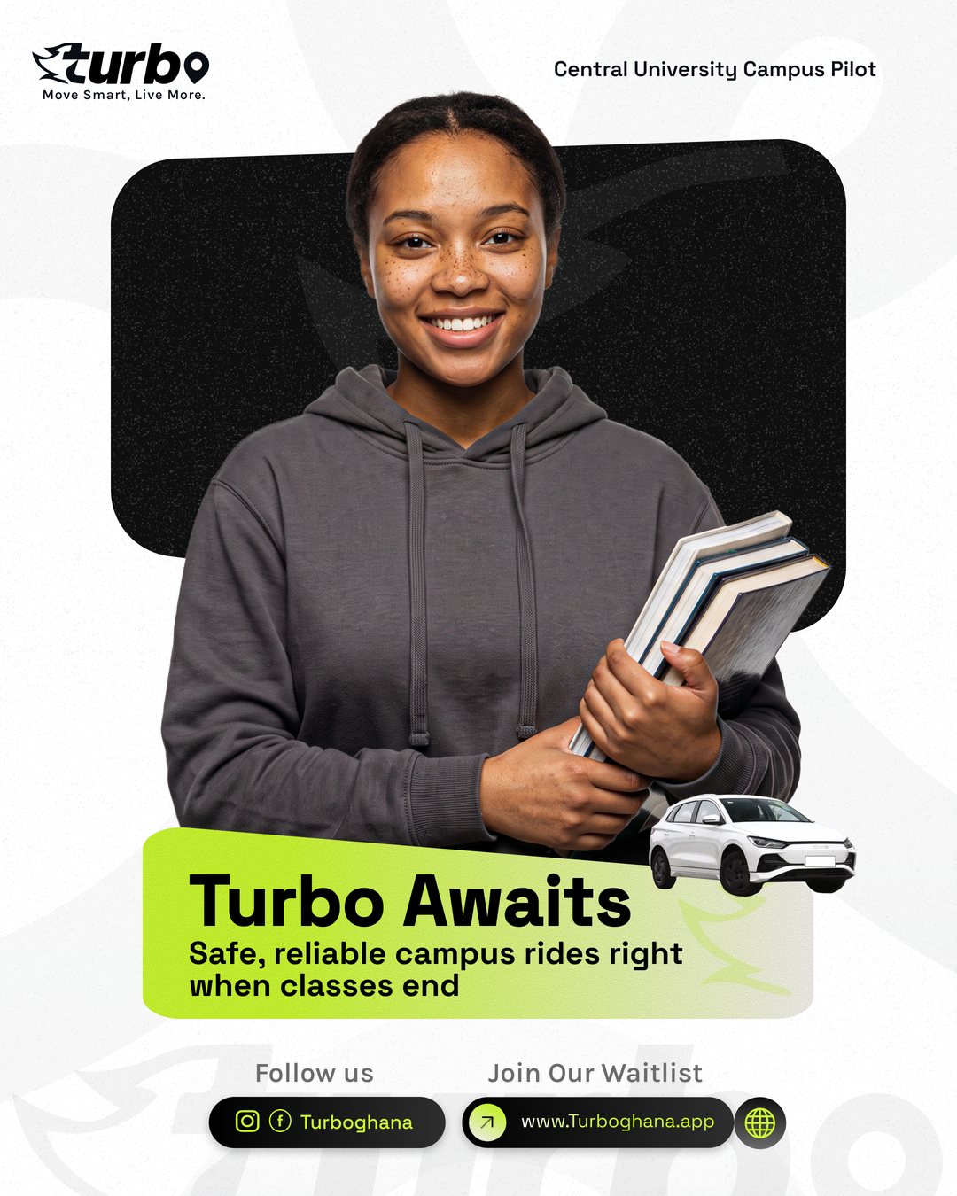 Turbo Awaits social post — a smiling student holding books, promising reliable campus rides right when classes end