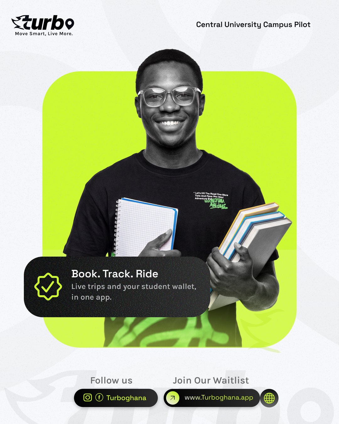 Turbo social post — Book. Track. Ride. — a student in a Turbo T-shirt holding books