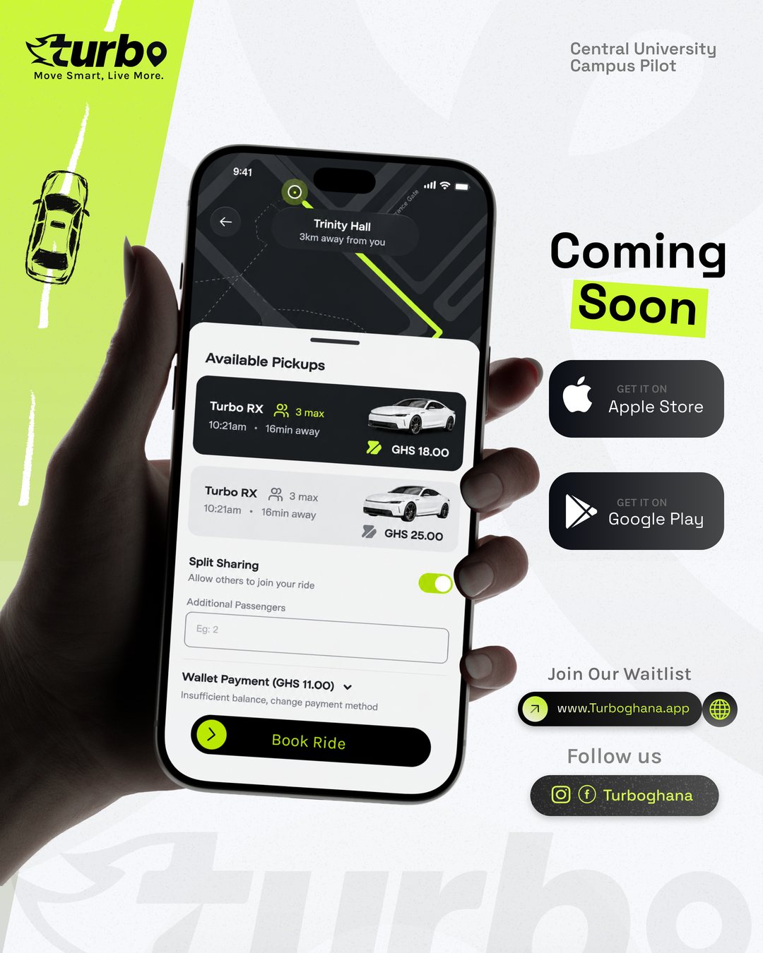 Turbo Coming Soon social post — the Turbo app on a phone with App Store and Google Play badges