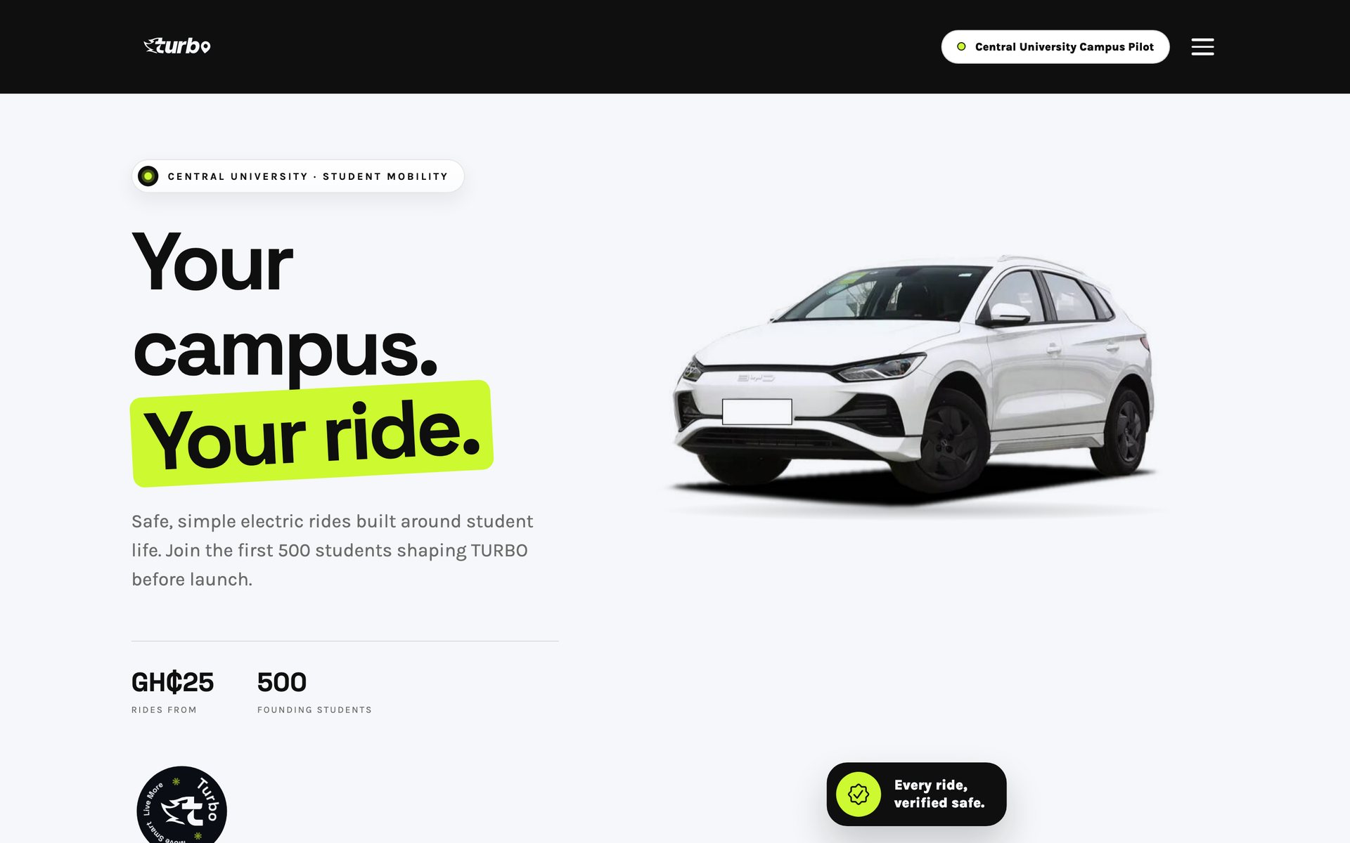 Turbo Ghana website hero — Your campus. Your ride. — beside a white electric car