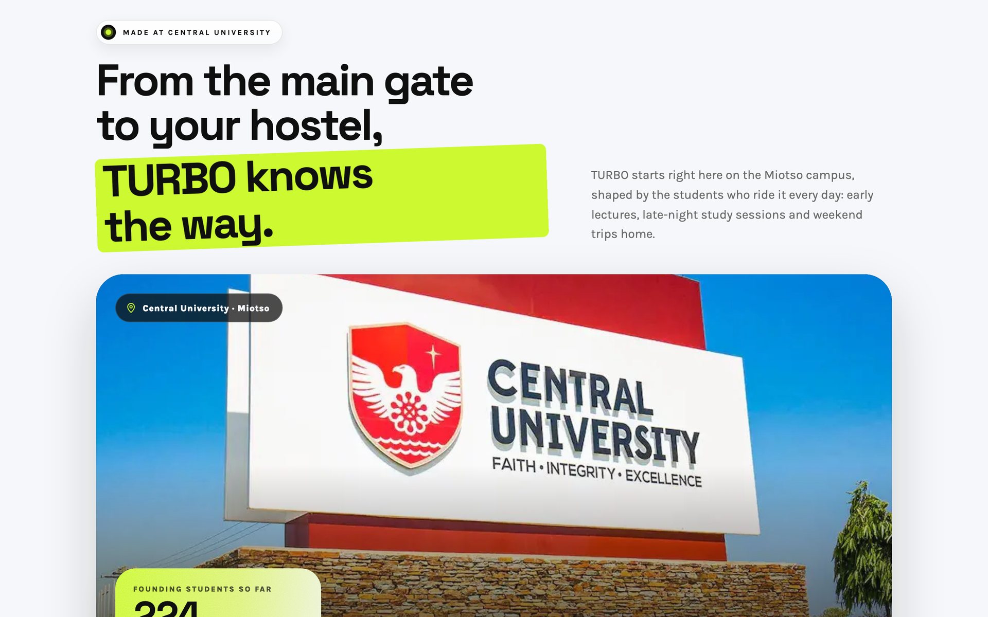 Turbo Ghana website section — From the main gate to your hostel, Turbo knows the way — above a photo of the Central University sign