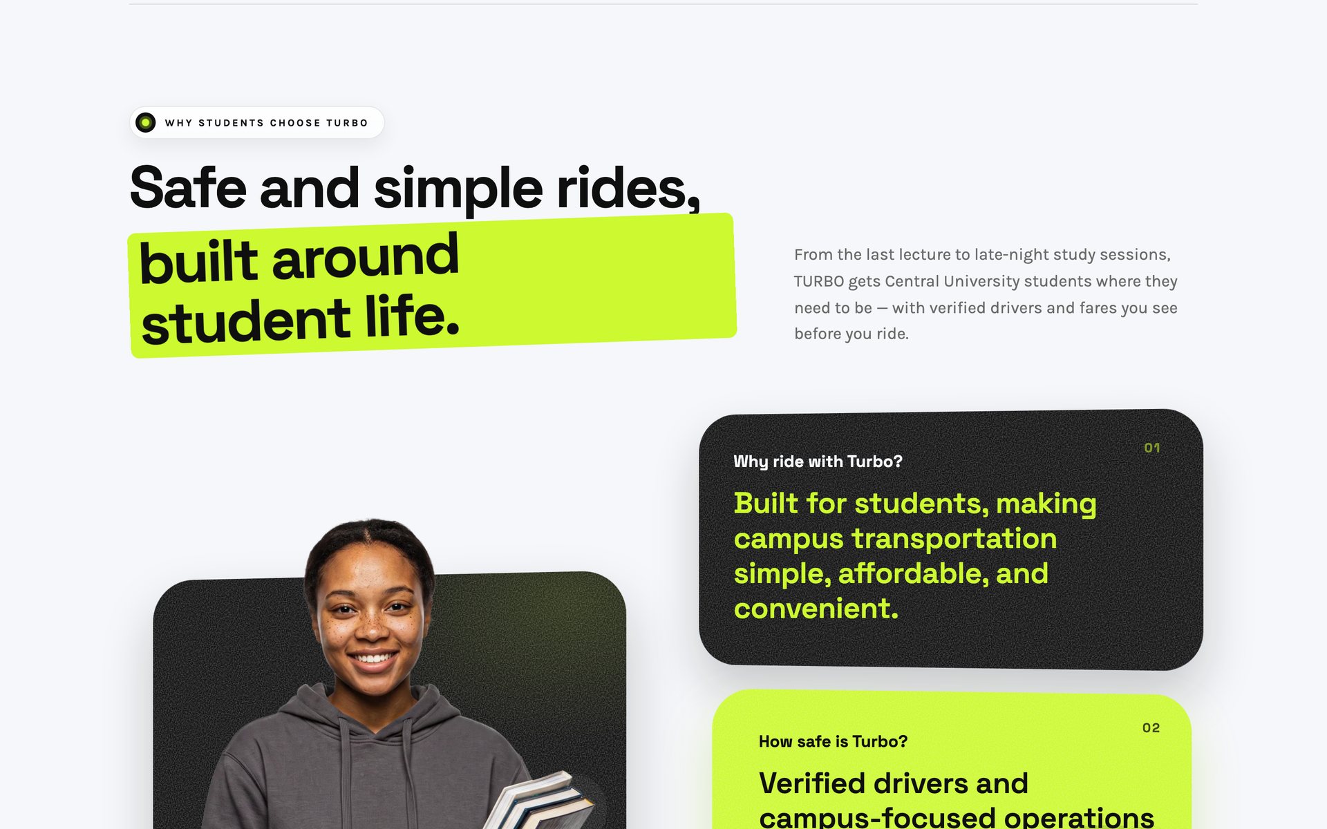 Turbo Ghana website section — Safe and simple rides, built around student life — with rider benefit cards
